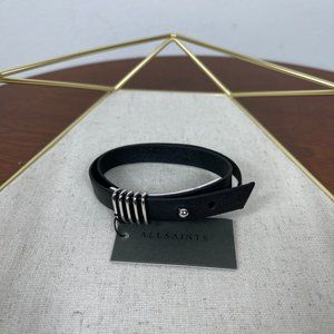 ALL SAINTS Double Wrap Leather Bracelet In Black with silver